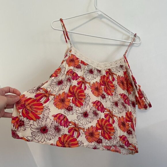 FOREVER 21 Cream Beige Pink Orange Floral Crochet Lace Cold Shoulder Crop Top M - Picture 11 of 11